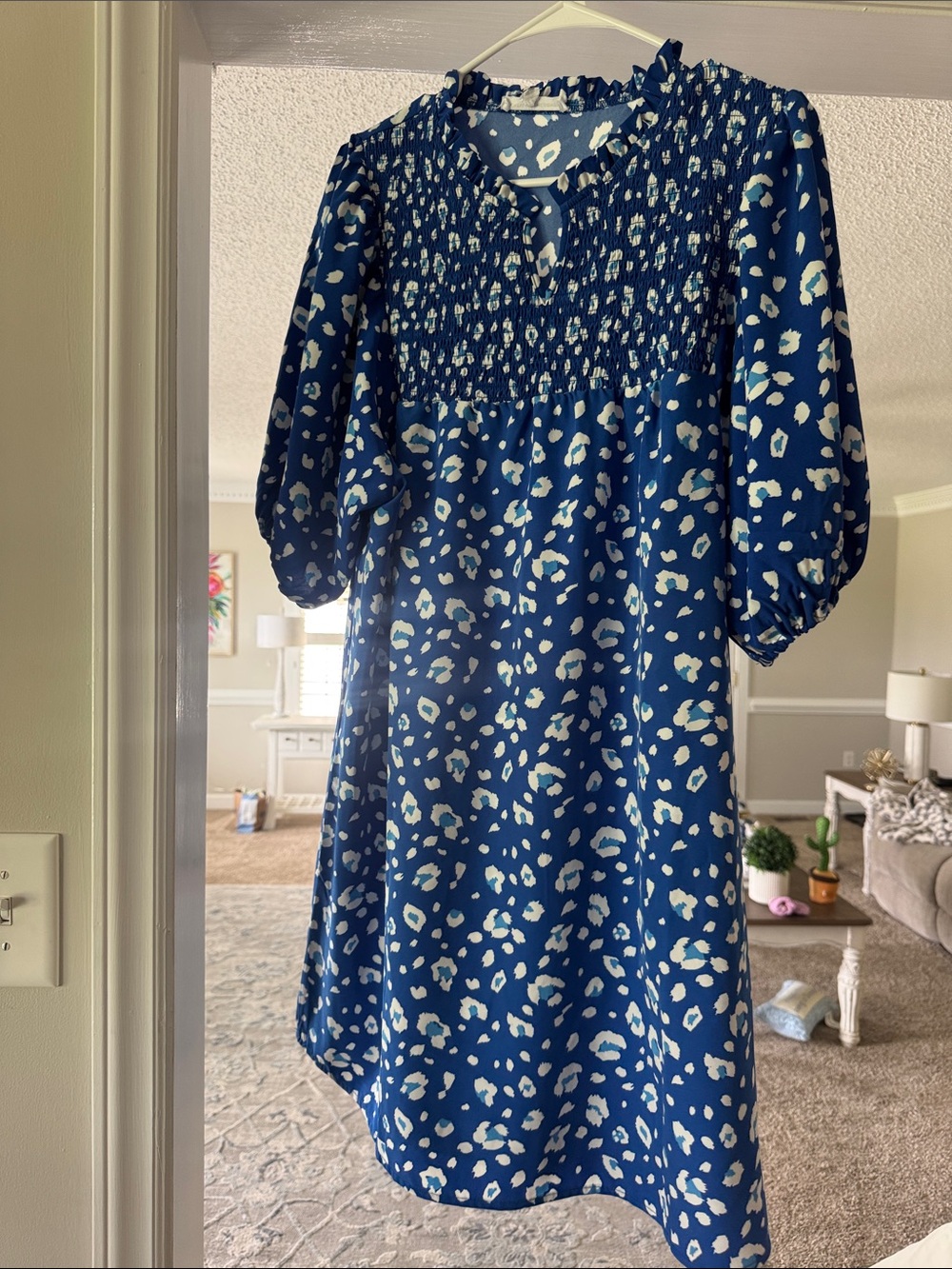 Michelle McDowell Blue Smocked Shift Dress with White Leopard Print